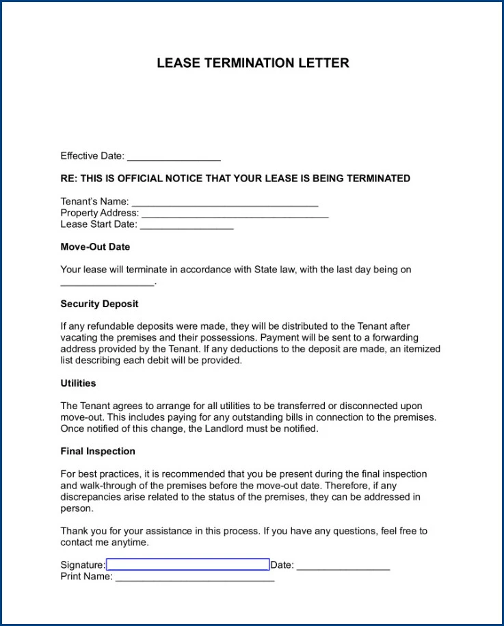 Sample of Lease Agreement Termination Template