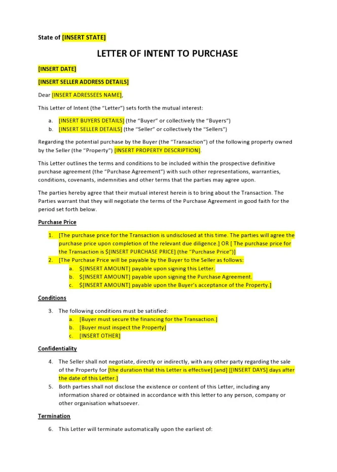 Sample of Letter of Intent to Purchase a Business