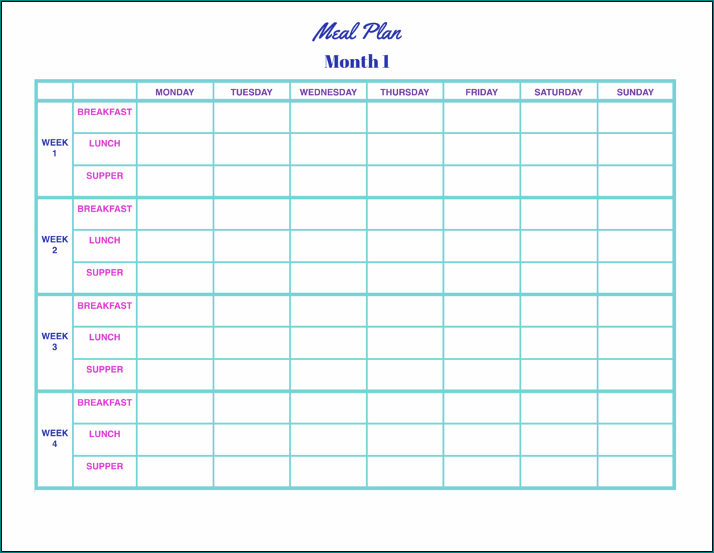 Sample of Monthly Meal Planner Template