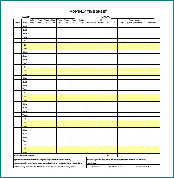 Sample of Monthly Timesheet Template