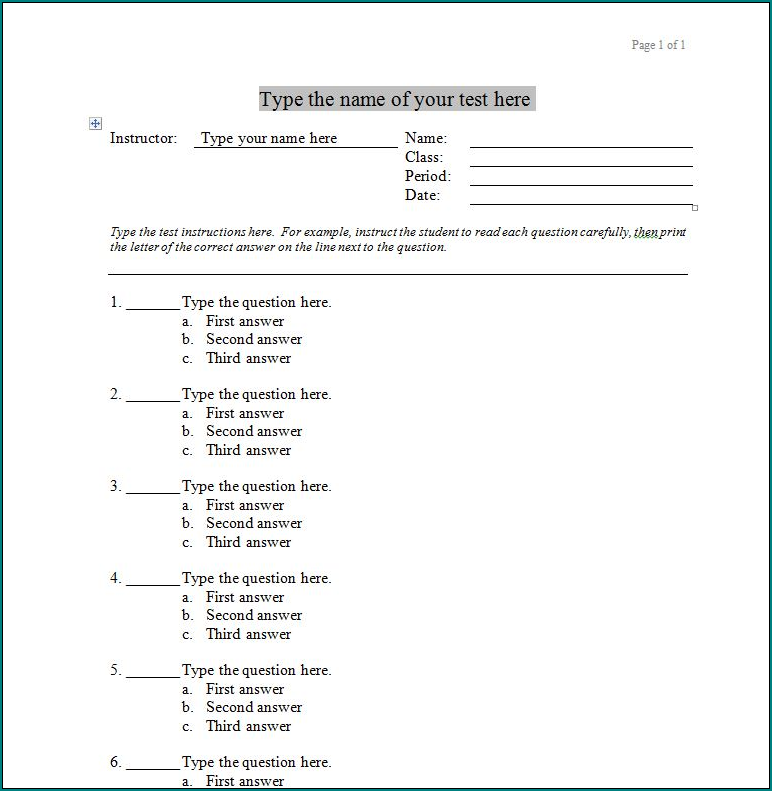 Sample of Multiple Choice Quiz Template