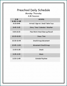 Sample of Preschool Schedule Template