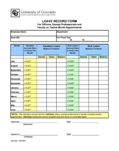Sample of Printable Vacation and Leave Tracker Template