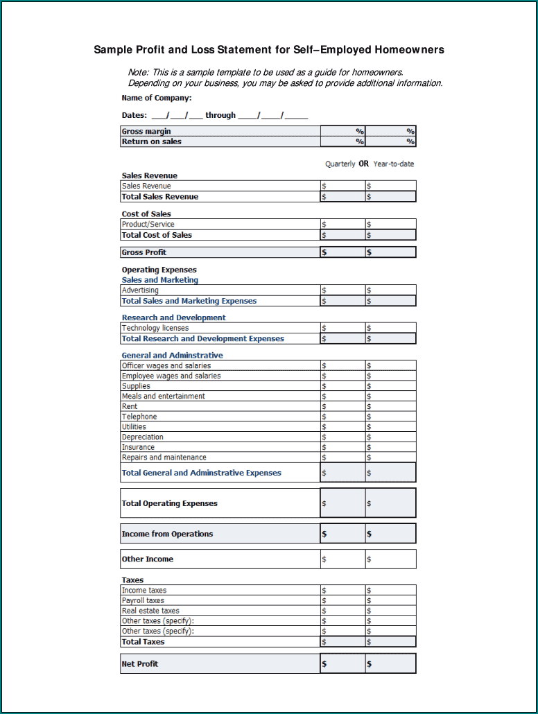 Sample of Profit And Loss Statement Template For Self Employed
