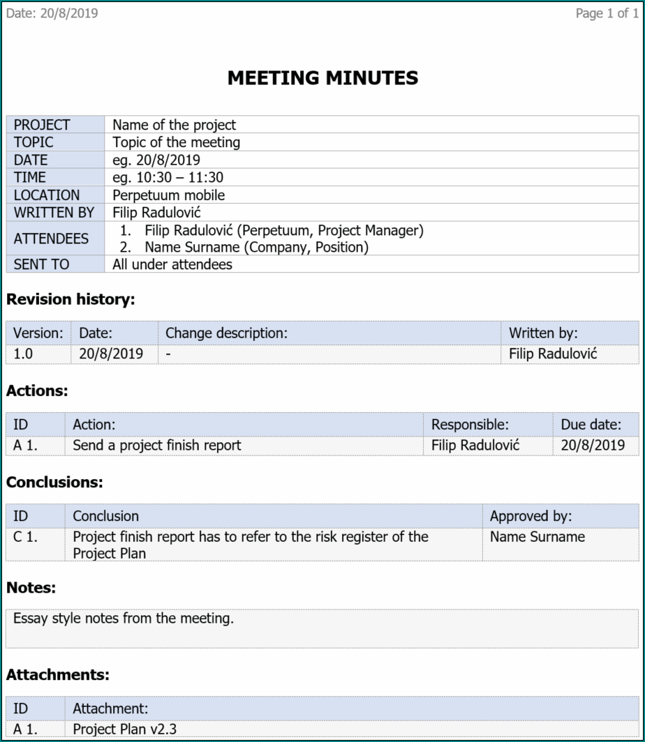 Sample of Project Meeting Minutes Template