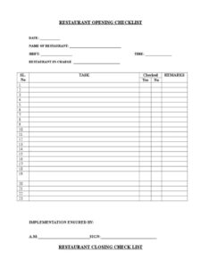 Sample of Restaurant Opening Closing Hour Checklist Template
