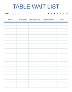 Sample of Restaurant Waiting List Template