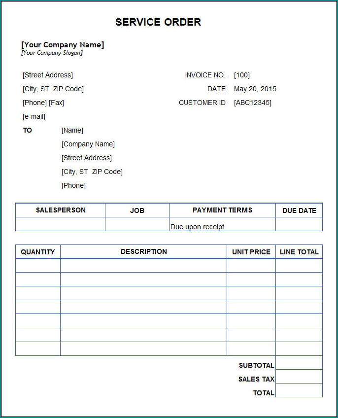 Sample of Service Order Template