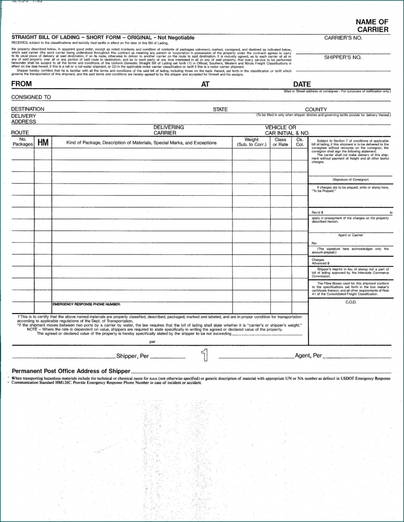 》Free Printable Straight Bill Of Lading Short Form