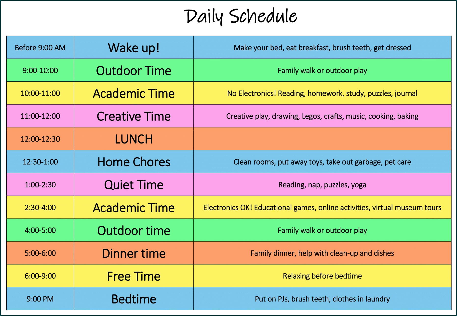 Sample of Word Daily Schedule Template