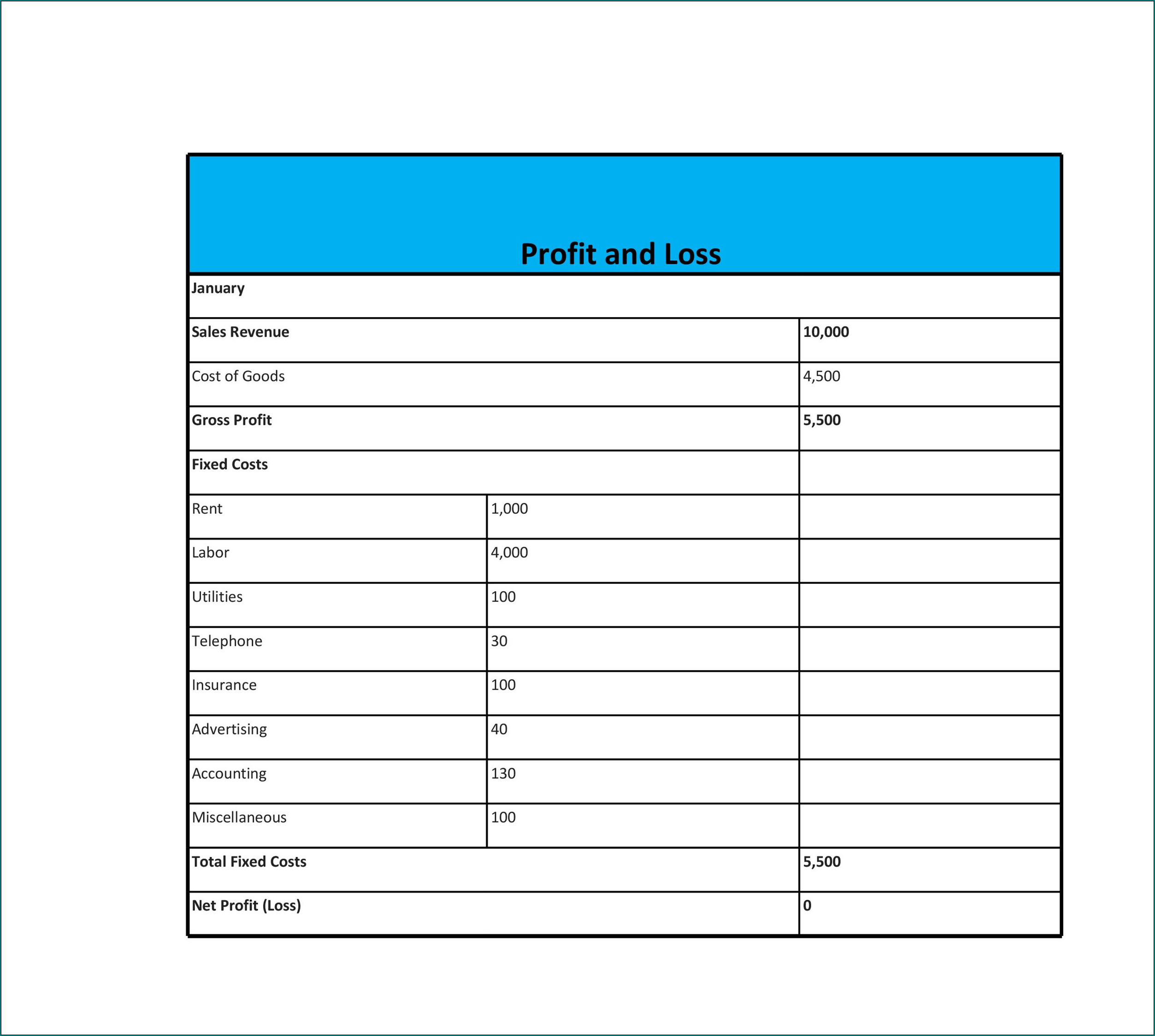 Simple Profit And Loss Statement Template Example