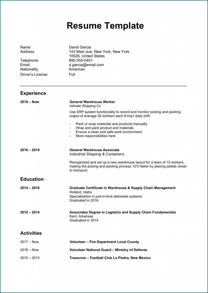 》Free Printable Simple Resume Format