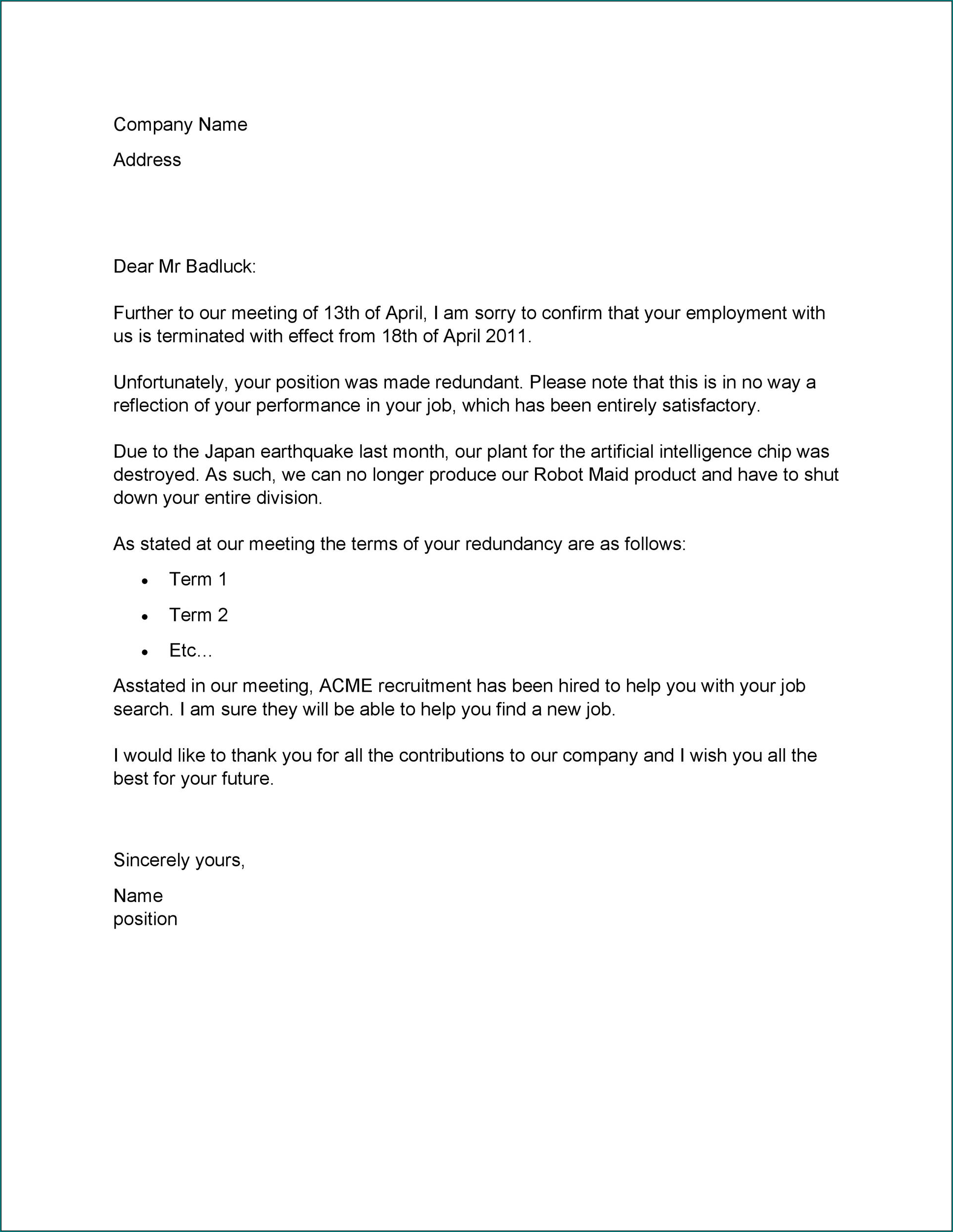 Termination Letter Template Example