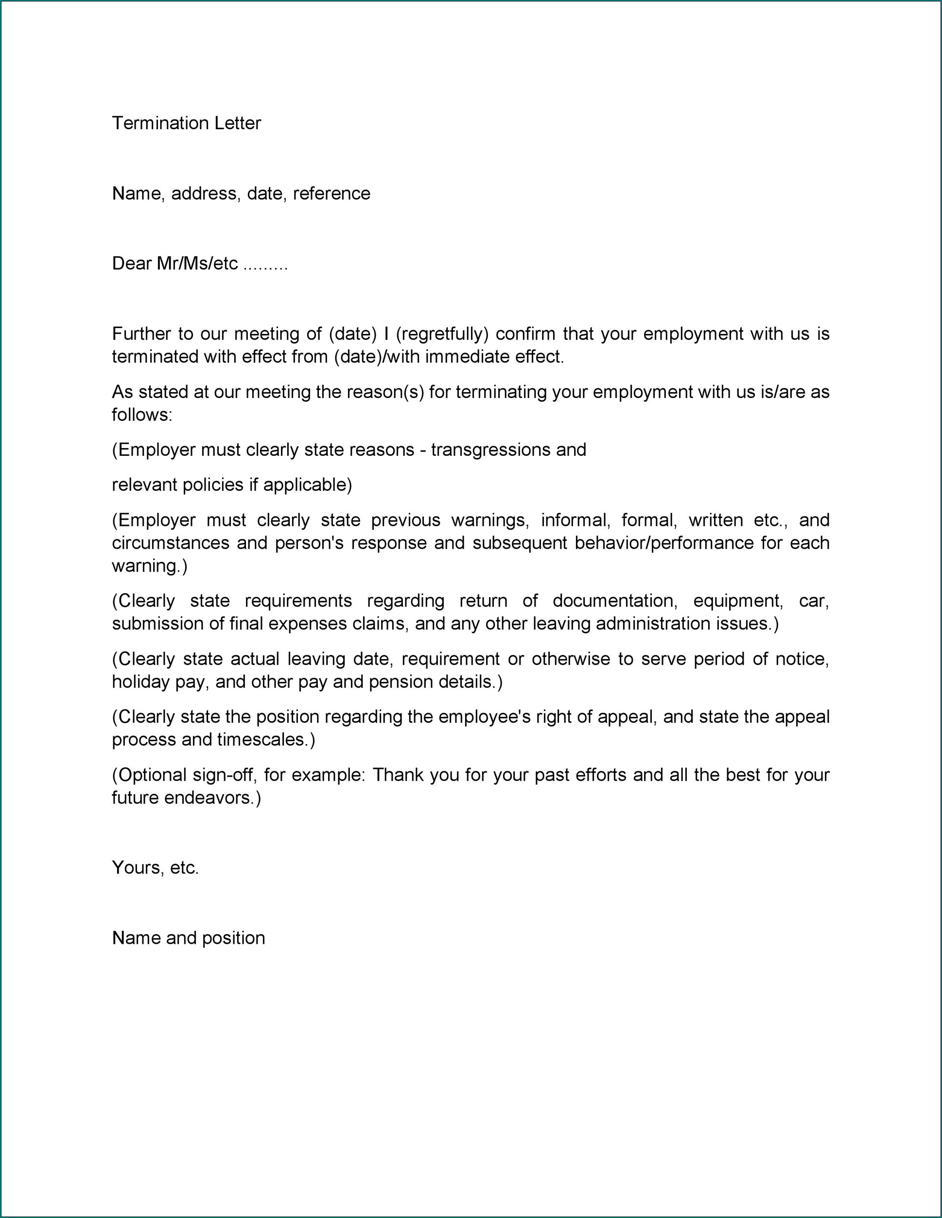 Termination Letter Template Sample