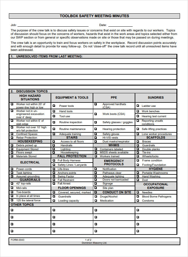 Toolbox Safety Meeting Minutes Template