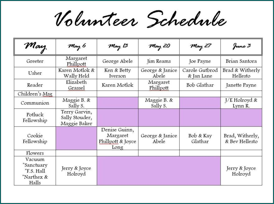 Volunteer Schedule Template Sample
