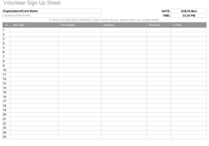 Volunteer Sign up Worksheet Template Example