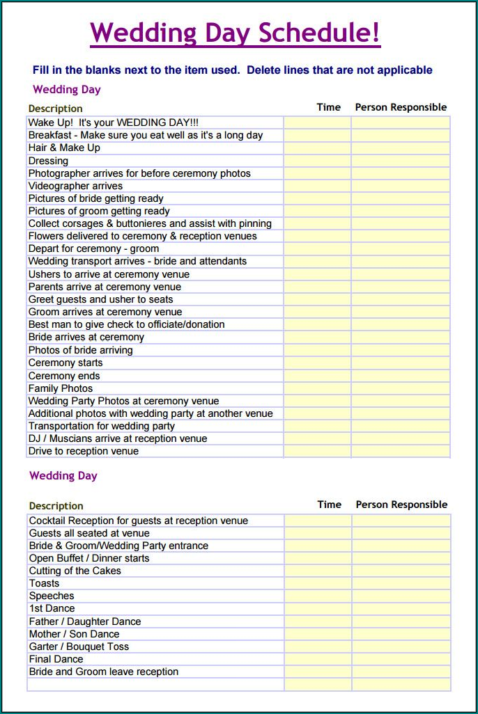 Wedding Schedule Template Sample