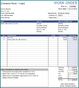 Work Order Template Excel Example
