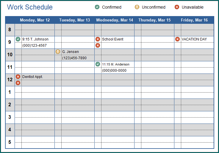 Working Schedule Template Example