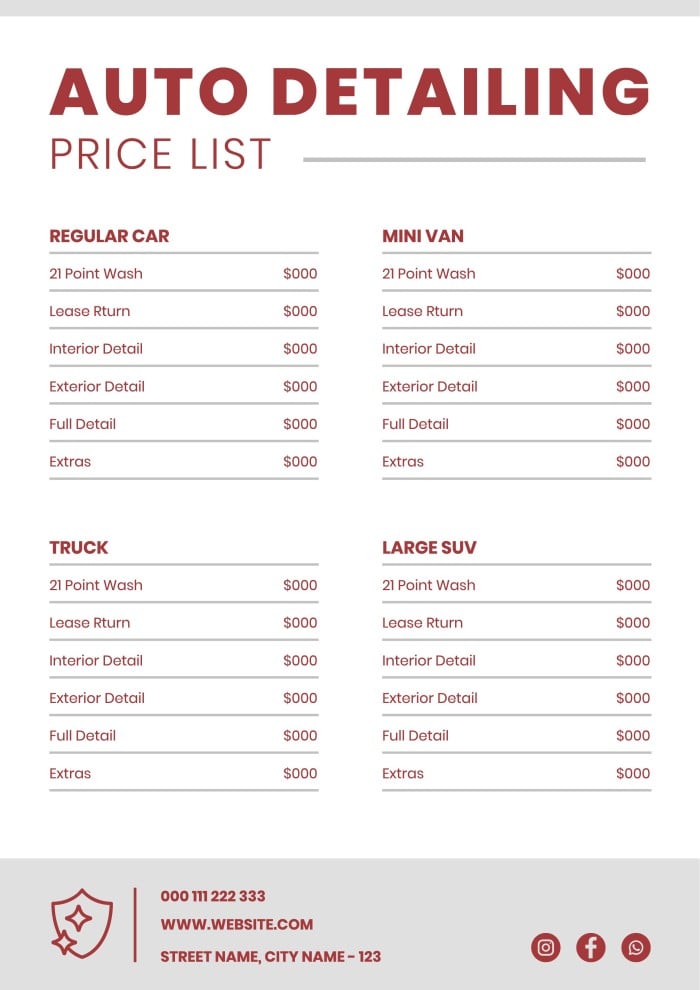 auto detailing price sheet template