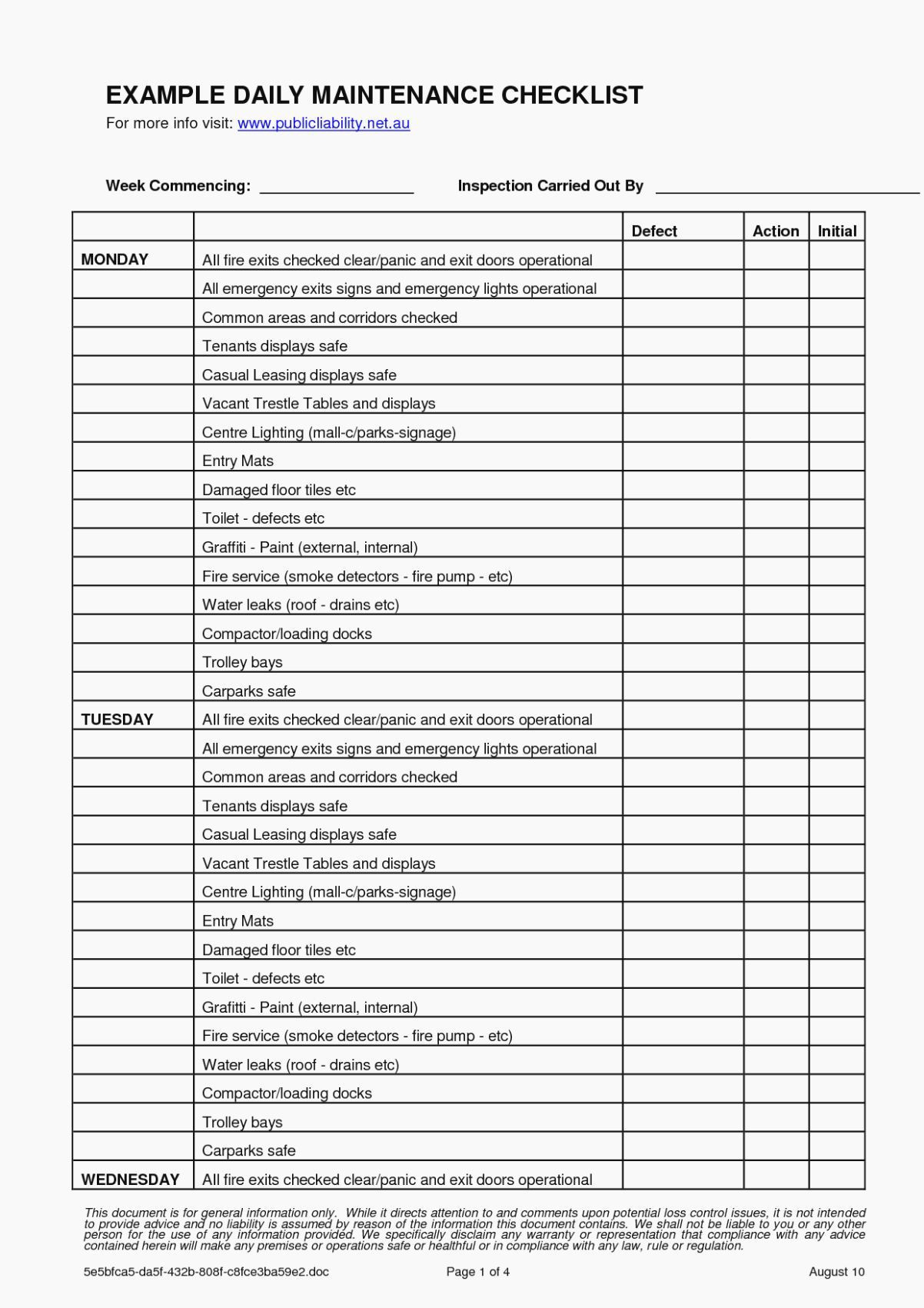 sample preventative maintenance checklist template sample preventative maintenance checklist template