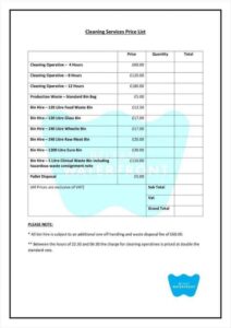 cleaning price list templates printable