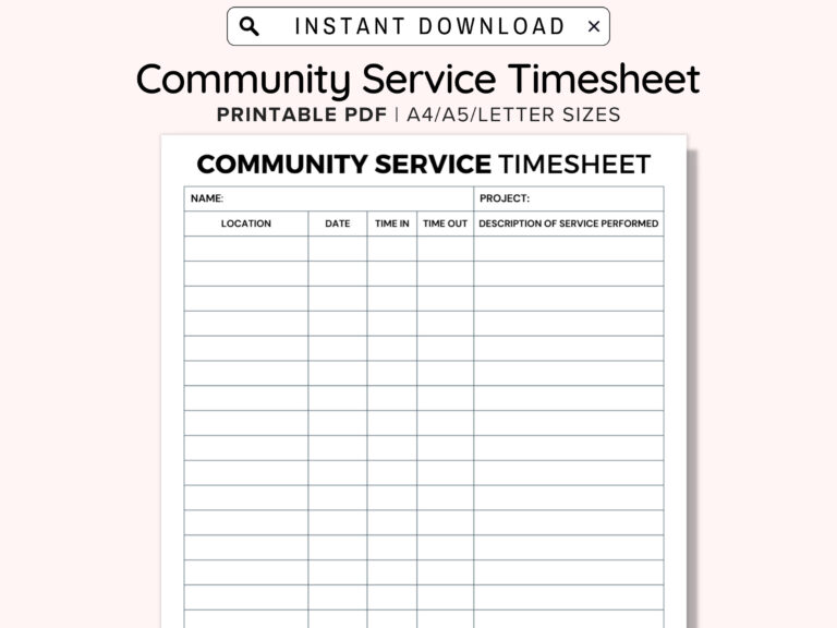 Community Service Hours Log Sheet Printable, Volunteer Activity Log ...