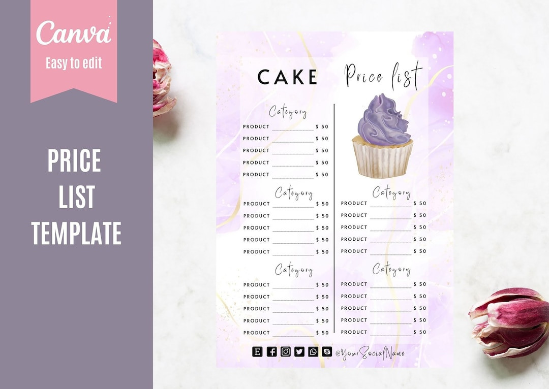 Editable Cake Price List Template For Canva Bakery Business Price List