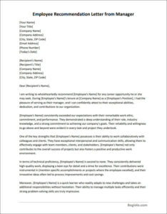 Printable employee recommendation letter from manager template available in Word for easy editing