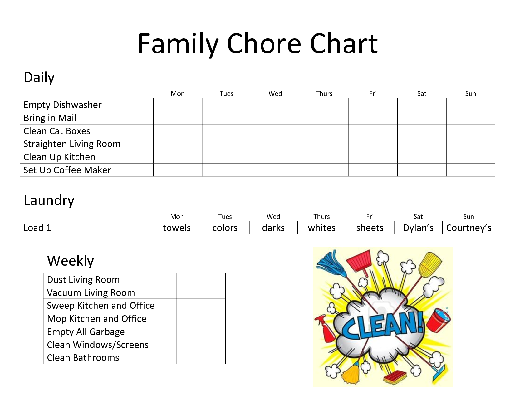 example of family chores chart template
