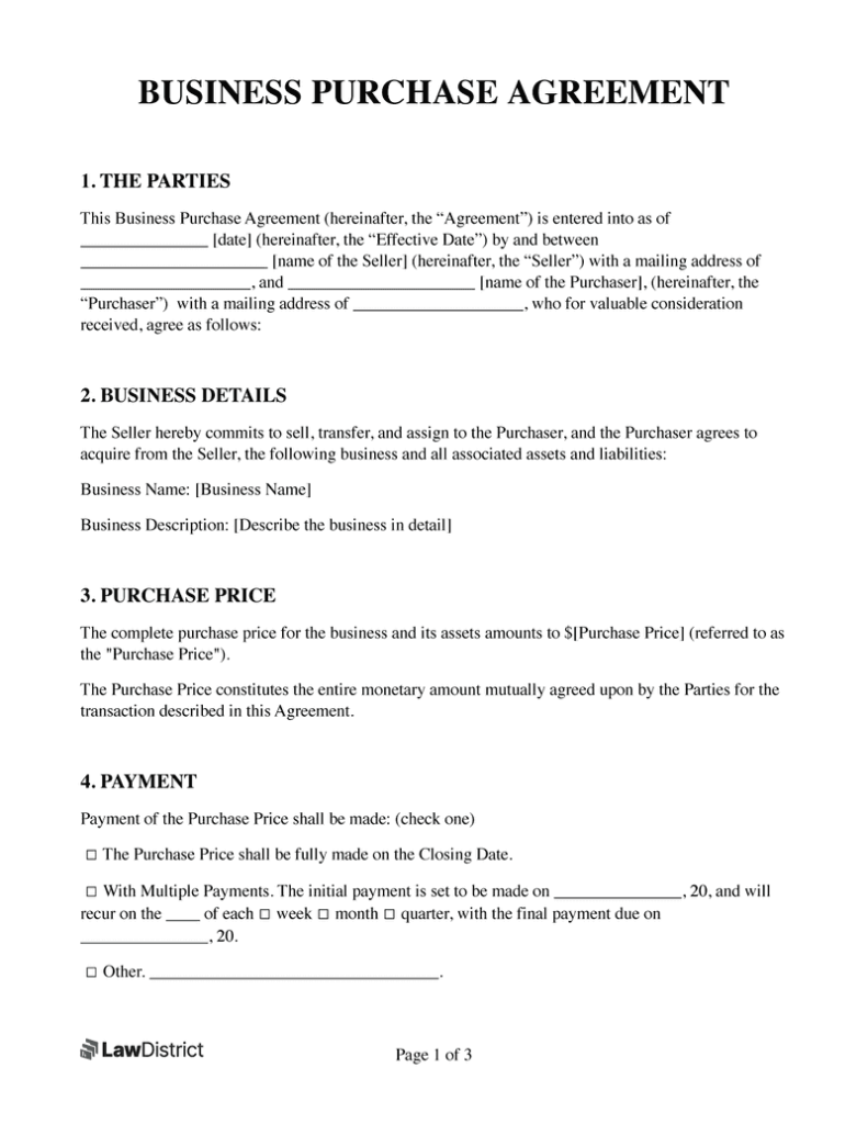 Free Business Purchase Agreement (BPA) PDF &Word LawDistrict | Bogiolo