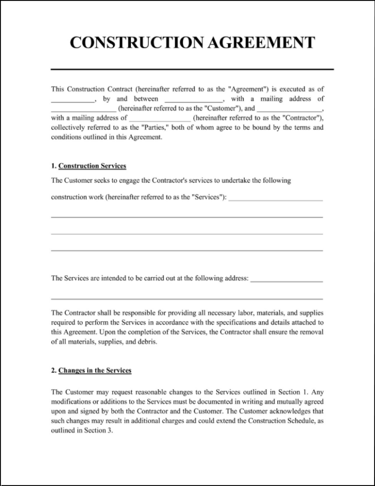 Free Construction Contract Template Bunnydoc Bogiolo