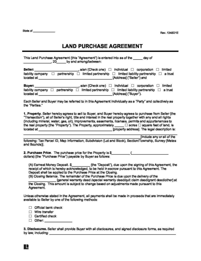 Free Land Purchase Agreement Form PDF Word Bogiolo