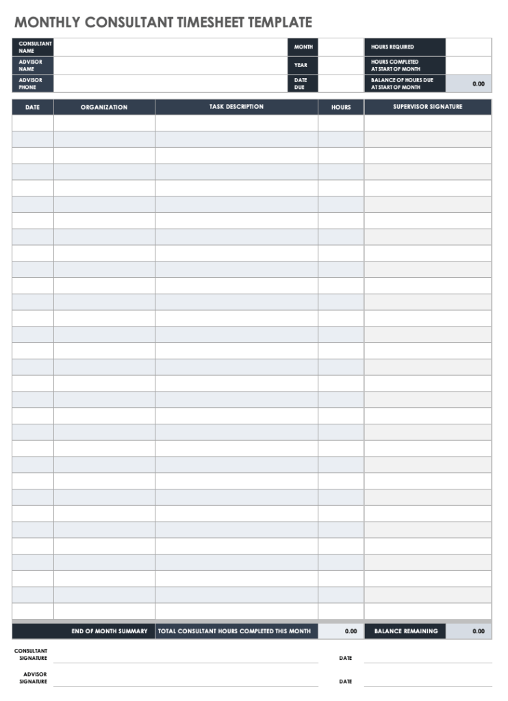 Free Monthly Timesheet & Time Card Templates Smartsheet | Bogiolo