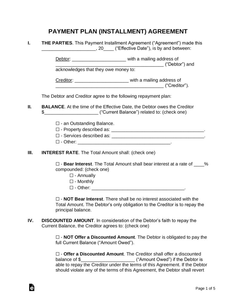 Free Payment Plan Agreement Template – PDF Word – eForms | Bogiolo