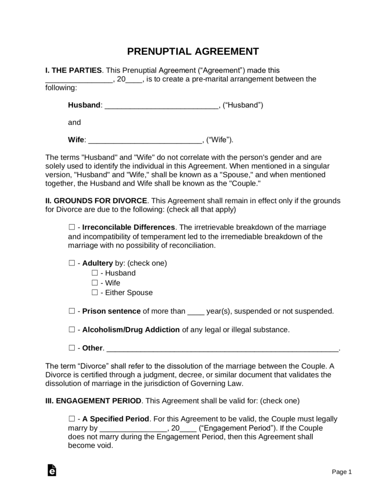 Free Prenuptial (Premarital) Agreement Template PDF Word eForms