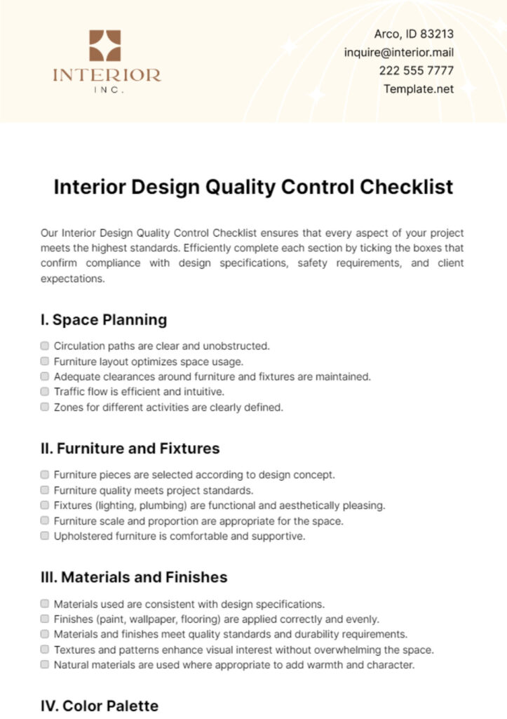Interior Design Quality Control Checklist Template – Edit Online | Bogiolo