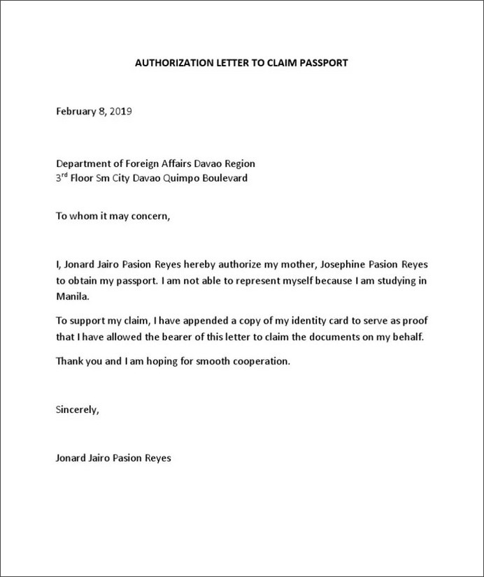 letter of authorization to pick up passport sample