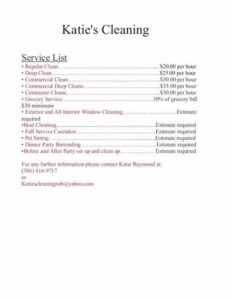 printable house cleaning price list