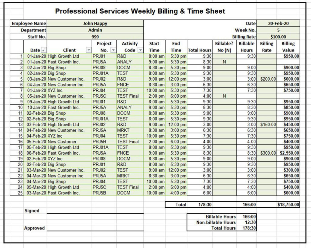 Professional Services & Consultant Billing Timesheet Excel Template ...