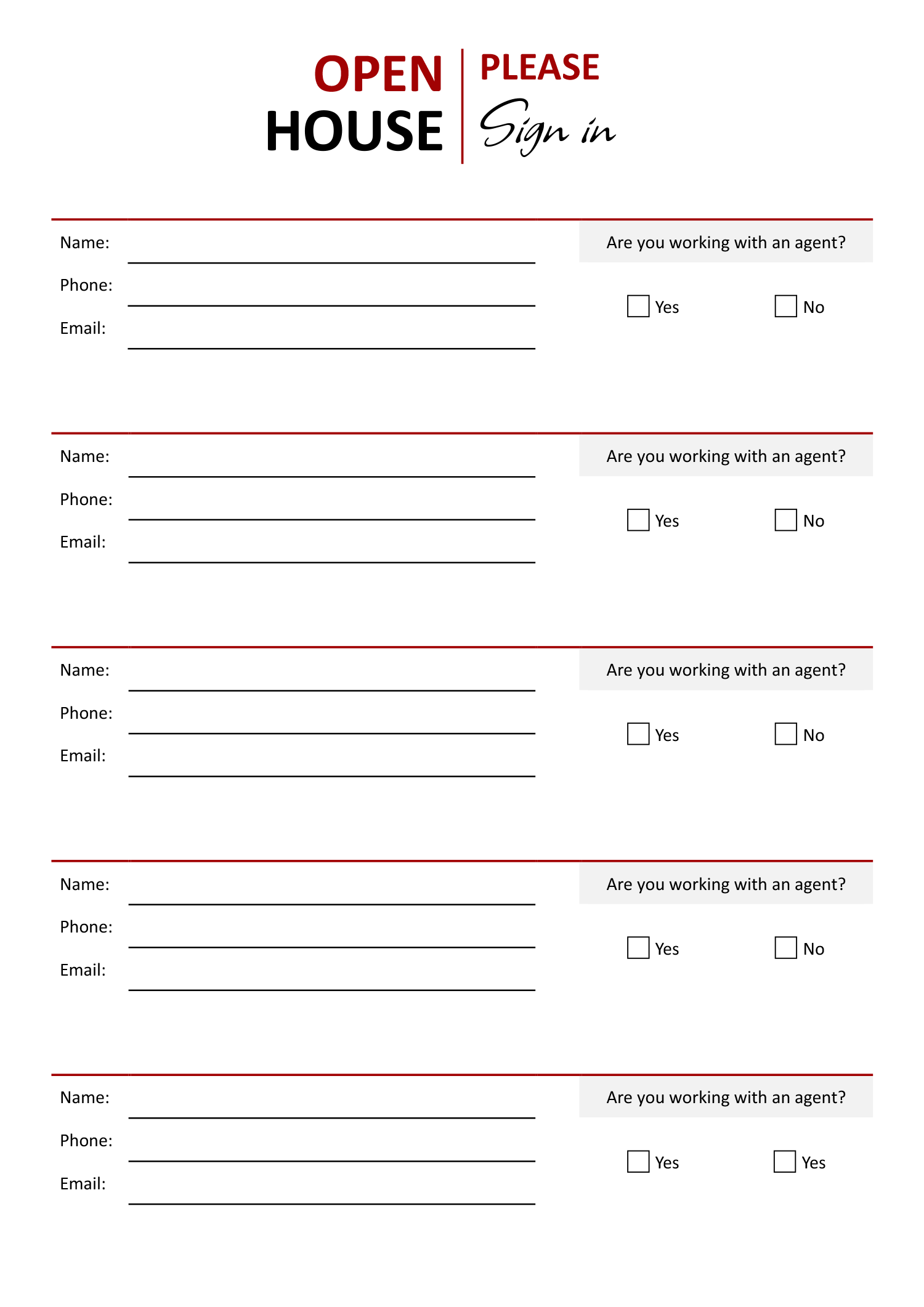 real estate sign up sheet