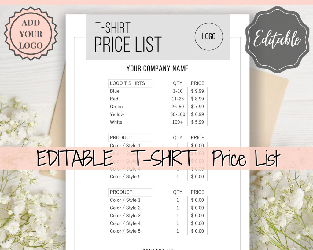 Tshirt PRICE LIST Template Editable Bogiolo